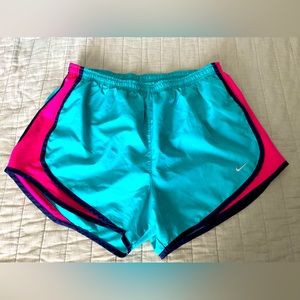 Nike Running Shorts, Size Medium, Teal, hot pink & navy blue trim
